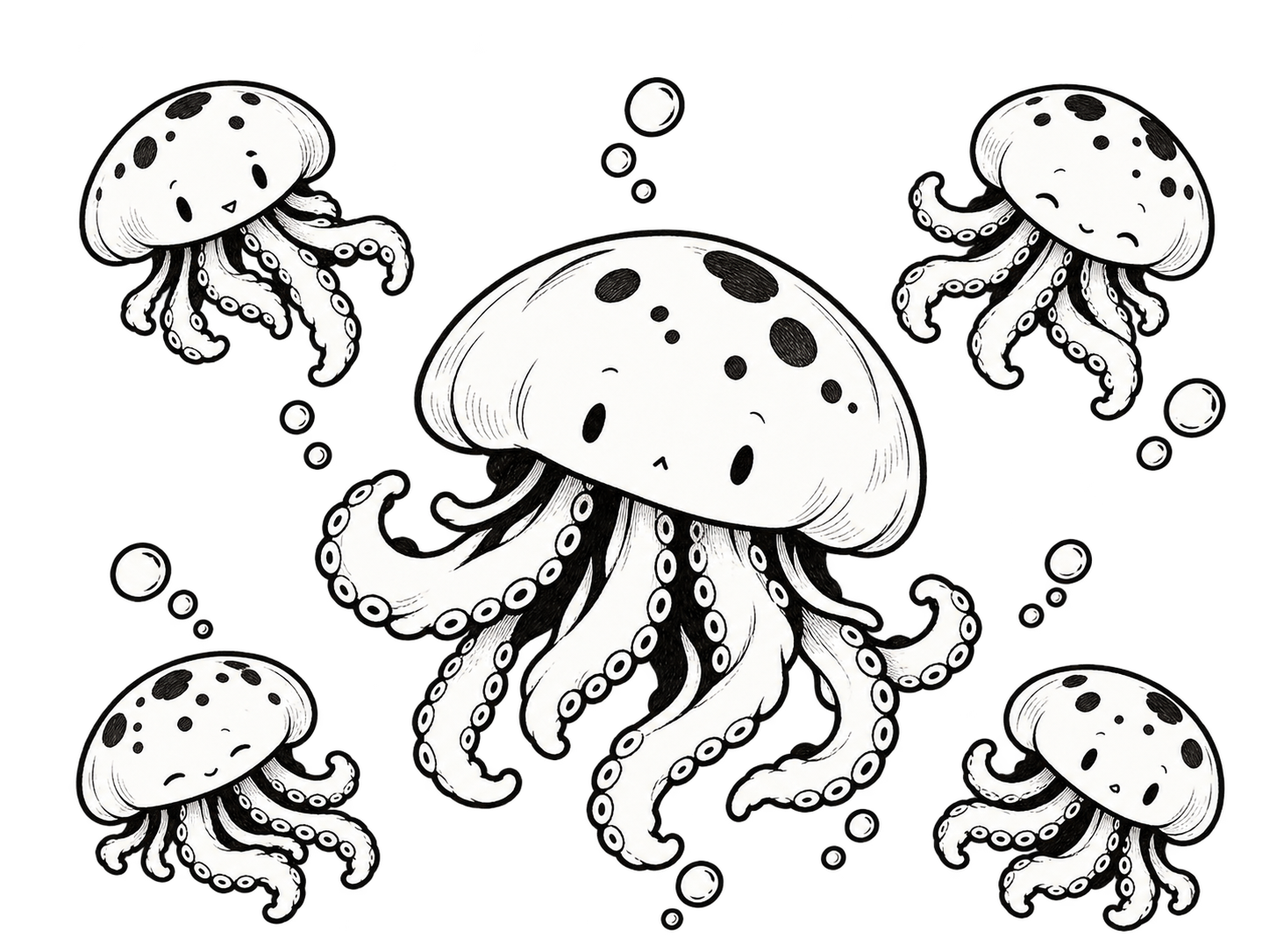 Five jellyfish drawn in ink, with one large jellyfish surrounded by four smaller ones
